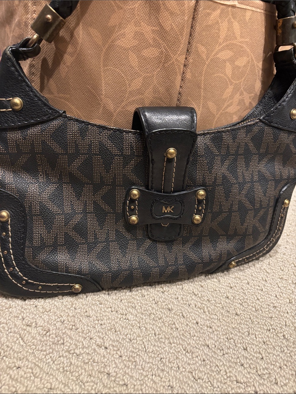 Michael Kors Dark Brown MK Logo Shoulder Bag with Black Trim